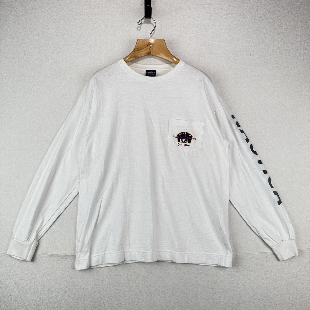 Vintage Nautica J-Class US2 Racing Men's Large White Long Sleeve Pocket T-shirt